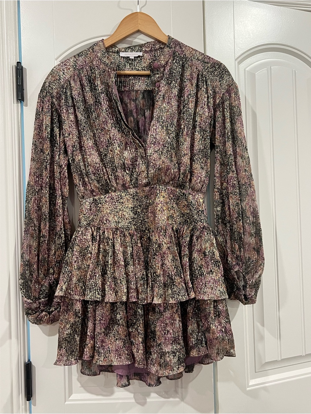 Olivaceous Multicolor Textured Floral Tiered Long-Sleeve Dress